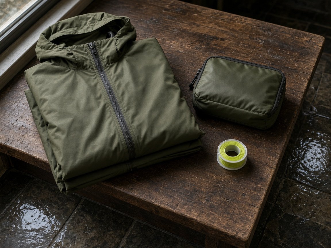Folded fishing jacket and tackle pouch on a wooden counter